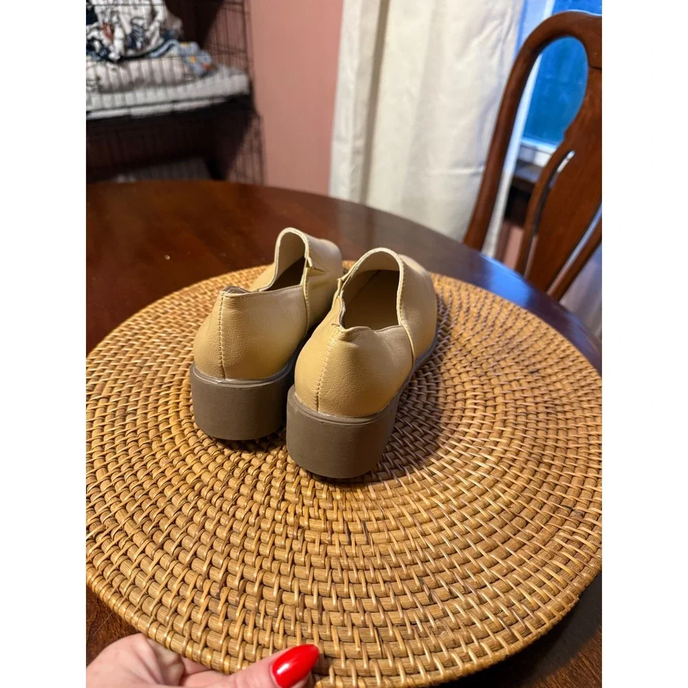 Vero Cuoio Tan Leather Pointed Toe Slip On Loafers Low Block Heel Beige Shoes